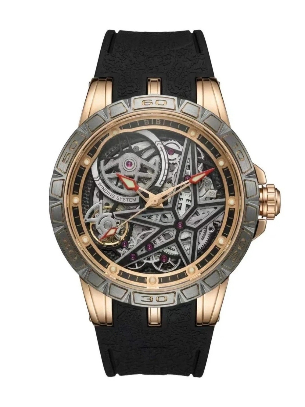 BiBi Rose Gold Skeleton Mechanical Watch with Black Strap and Red Accents